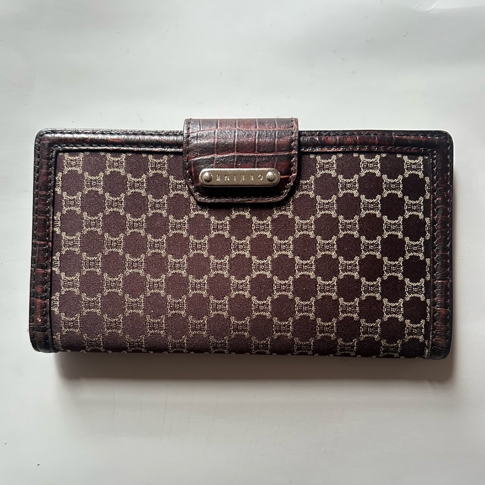 CELINE Vintage Brown Monogram 1990-2000 Macadam-pattern Wallet with Croc Trim - Picture 3 of 14